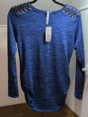 NY Collection Royal Blue Heathered Lace-Up Shoulder Crewneck Sweater